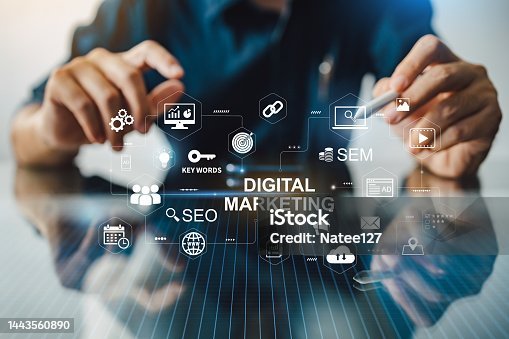 Digital marketing business technology concept. Website advertisement email social media network, SEO, SEM video and mobile application icons in virtual screen.